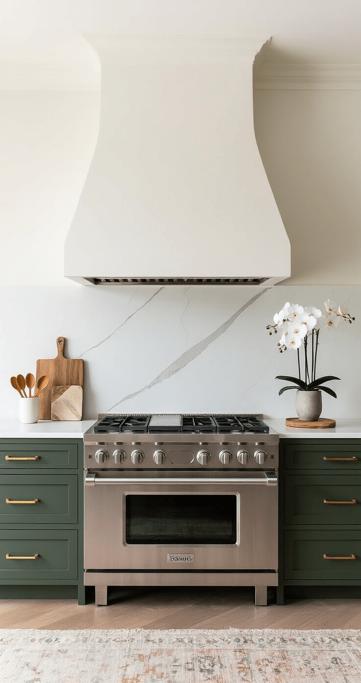 Modern kitchen with deep forest green cabinetry, a warm white plaster range hood, stainless steel gas range, and oak flooring, showcasing elegant design and natural light.