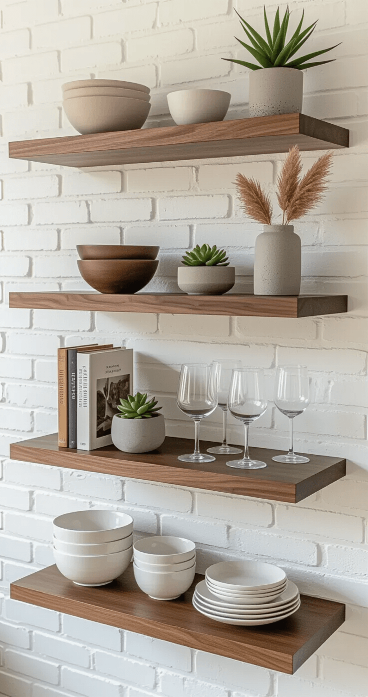 Elegant modern open shelving in soft morning light against a white painted brick wall, featuring curated objects on floating walnut shelves: ceramic bowls, a succulent, a cookbook, glassware, a ceramic vase with pampas grass, white dinnerware, a wooden serving board, and a matte black sculptural object, with honed marble countertop below.