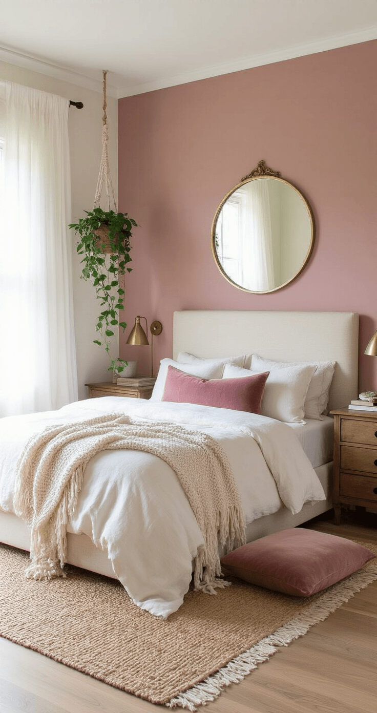 A sophisticated blush bedroom with a dusty rose accent wall, cream linen upholstered bed, and warm natural light streaming through sheer white curtains, featuring white oak hardwood floors, a jute area rug, vintage mauve nightstands, and layered textures of linen sheets and plush pillows, all captured in a cozy, intimate atmosphere.