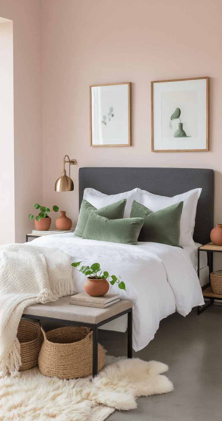 A modern pink bedroom vignette featuring a sleek platform bed with a charcoal linen headboard against pale blush walls, crisp white bedding, and sage green velvet throw pillows. A black metal floating nightstand holds a ceramic lamp with brass accents and a small pothos plant. The room includes a cream sheepskin rug on polished concrete flooring and natural textures from woven baskets and raw wood frames, all showcased in late morning light.