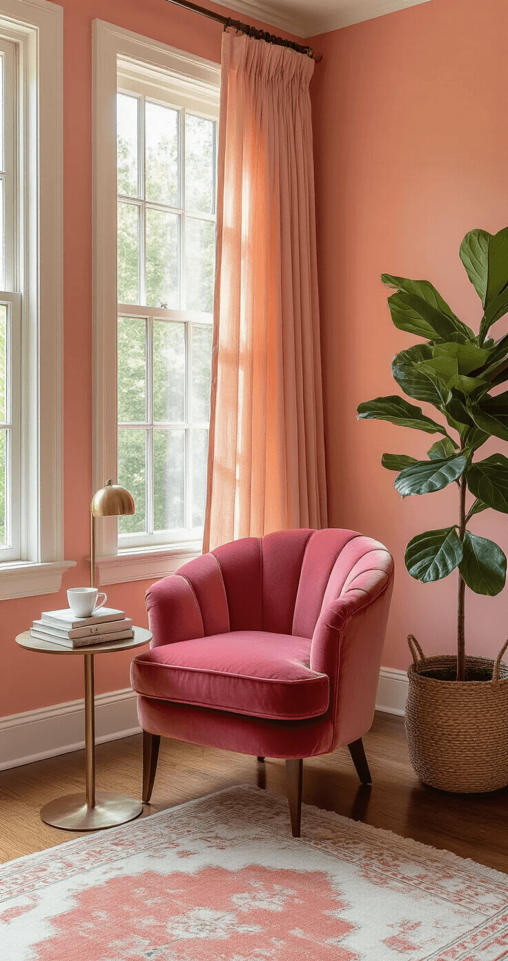 An intimate reading nook in a coral-toned bedroom featuring a deep fuchsia velvet chair, warm walnut side table with books and a brass lamp, sheer peachy pink curtains, and a fiddle leaf fig in a woven basket, all illuminated by golden hour light with a muted coral Persian-style rug on hardwood floor.
