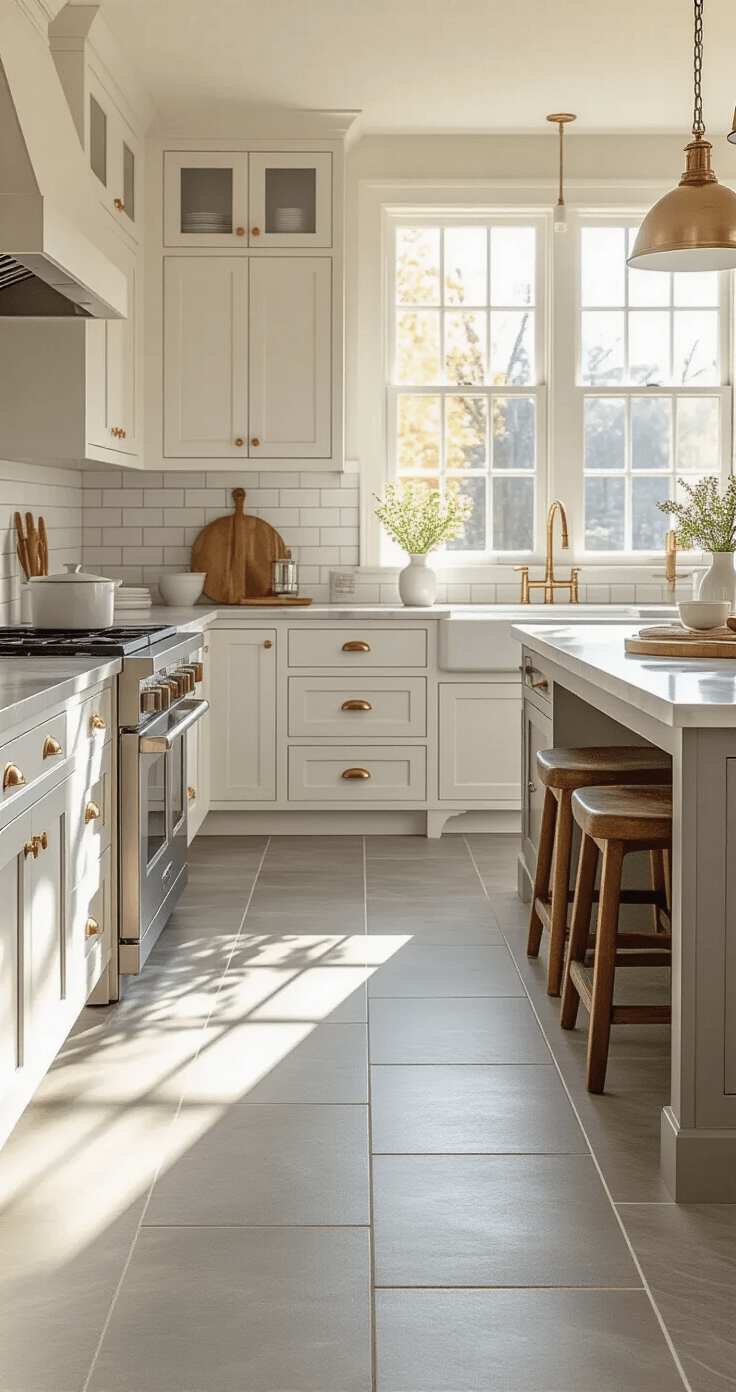 Photorealistic modern farmhouse kitchen with grey ceramic tile flooring in running bond pattern, featuring white shaker cabinets, butcher block countertops, brass hardware, and stainless steel appliances, illuminated by soft golden hour light.