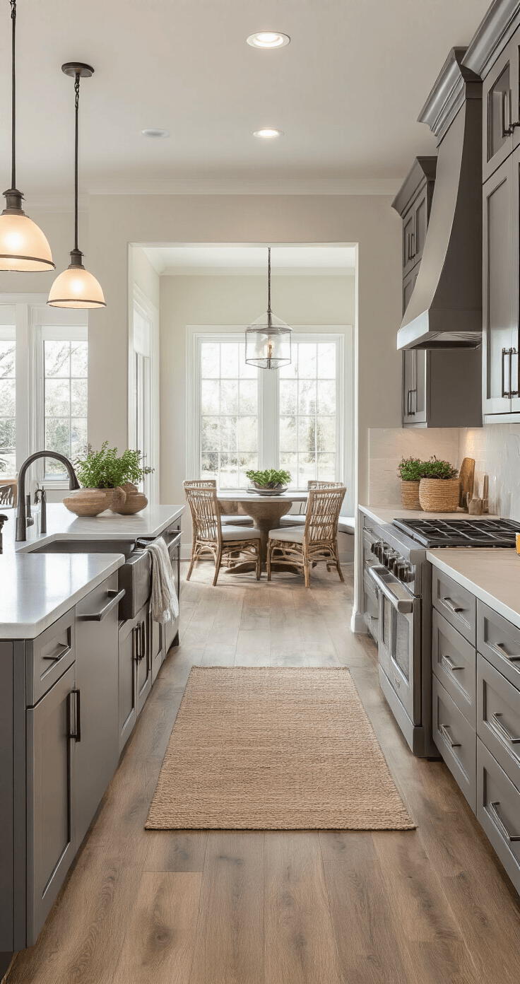 Photorealistic kitchen with warm oak luxury vinyl plank flooring, grey cabinets, quartz countertops, and mixed metal finishes, illuminated by afternoon light, showcasing an open-concept layout with a seamless flow to the living space.