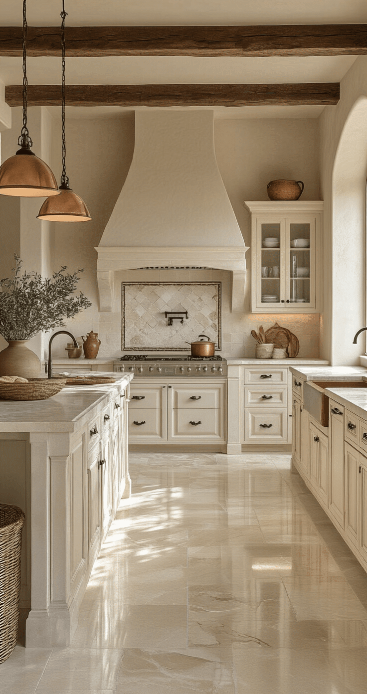 Photorealistic kitchen with honed marble flooring, cream cabinets, wrought iron hardware, and terracotta accents, featuring a large island with bar seating, copper sink, hand-painted tile backsplash, and organic decor; illuminated by warm pendant lights and early evening ambient light casting dramatic shadows.