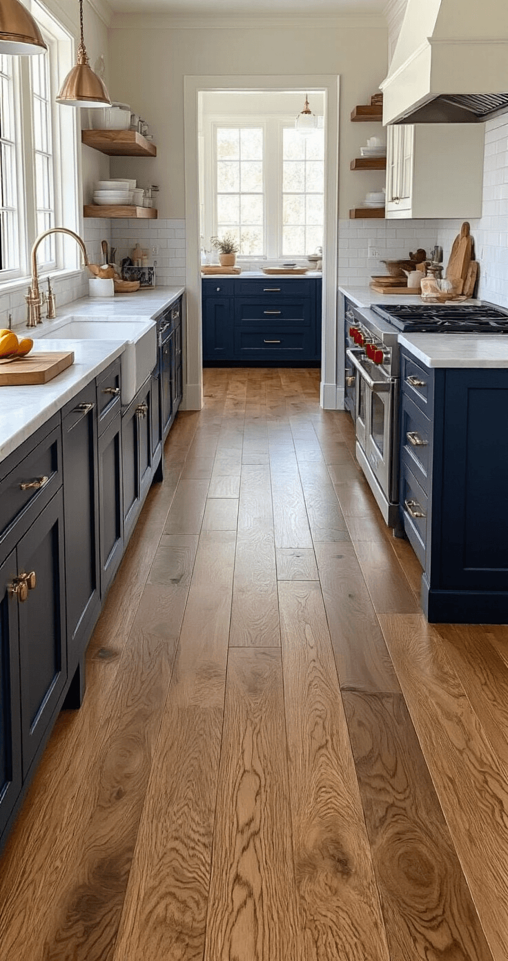 Photorealistic kitchen with medium-toned oak engineered hardwood flooring, navy blue cabinets, marble countertops, and polished nickel fixtures, showcasing an apron-front sink and professional-grade appliances, illuminated by soft morning light, displaying a seamless transition from dining room.
