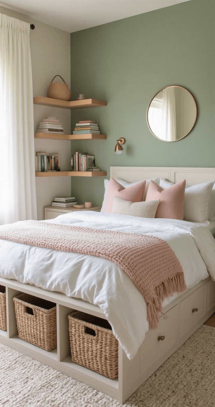 A cozy teenage girl's bedroom featuring a sage green accent wall behind a neatly made bed with white linens and blush pink throw pillows, illuminated by soft morning light. Natural wood floating shelves flanking the bed display woven baskets and color-coordinated books, while a chunky knit throw blanket and jute area rug add warmth to the room. A small circular mirror hangs above the bed's frame, which includes built-in storage drawers. The scene is captured from a low angle to emphasize the design details.