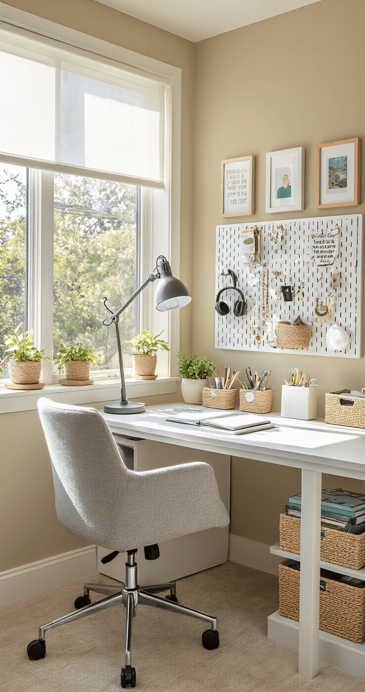 A bright study zone featuring a white desk with an ergonomic light gray chair, organized pegboard, personal decorations, and natural light streaming in from a window, showcasing a clean, organized workspace.