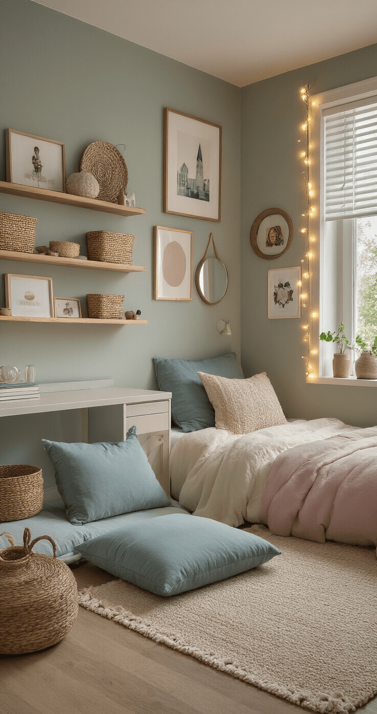 Cozy bedroom relaxation zone with floor cushions in dusty blue and cream, wall-mounted shelves with decor, string lights around the window, and a gallery wall of framed art and photos, all in warm evening lighting.