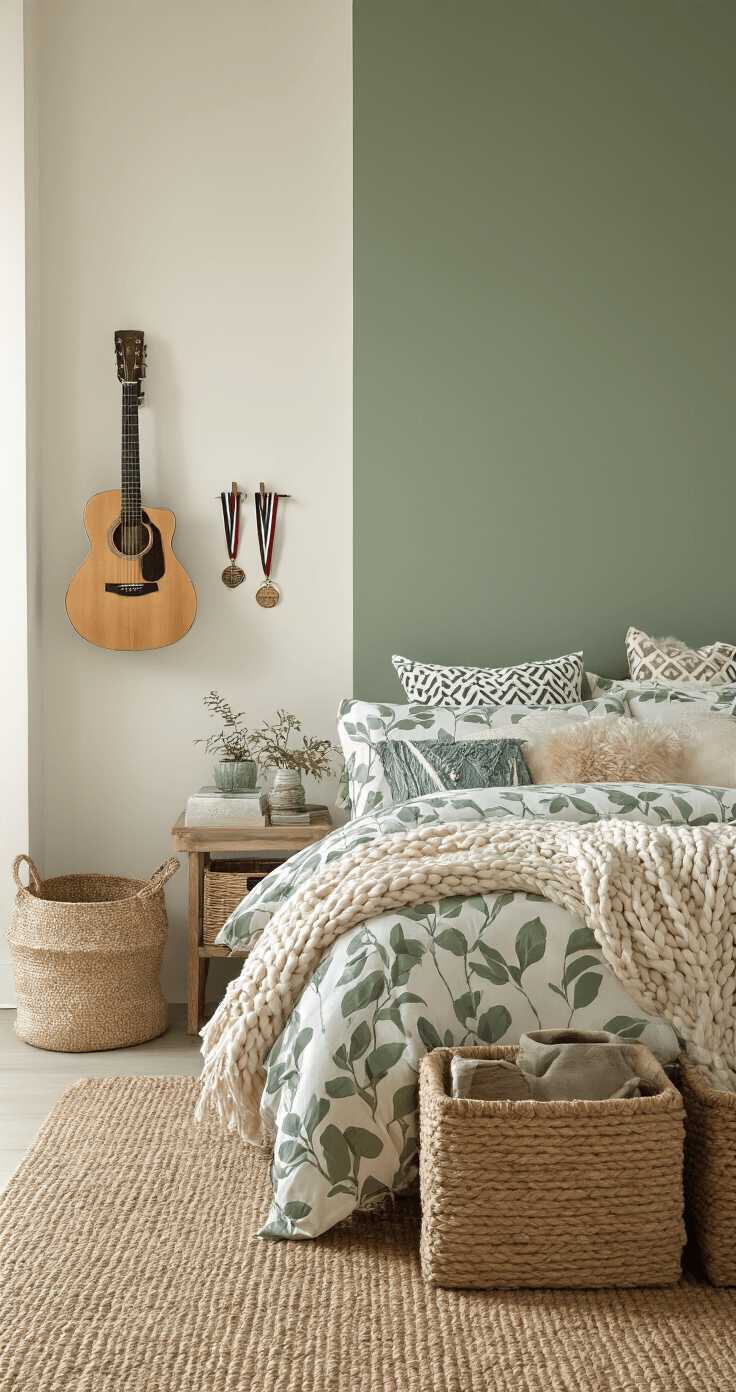 A stylish bedroom featuring a sage green leaf-print duvet, geometric throw pillows, and a chunky knit blanket, complemented by smooth cotton bedding, woven storage baskets, and faux fur accents, all on a jute area rug. A wooden guitar decorates the wall alongside track medals on hooks, with cream walls and one dramatic sage accent wall. Soft afternoon light casts gentle shadows, highlighting the layered textures and materials.