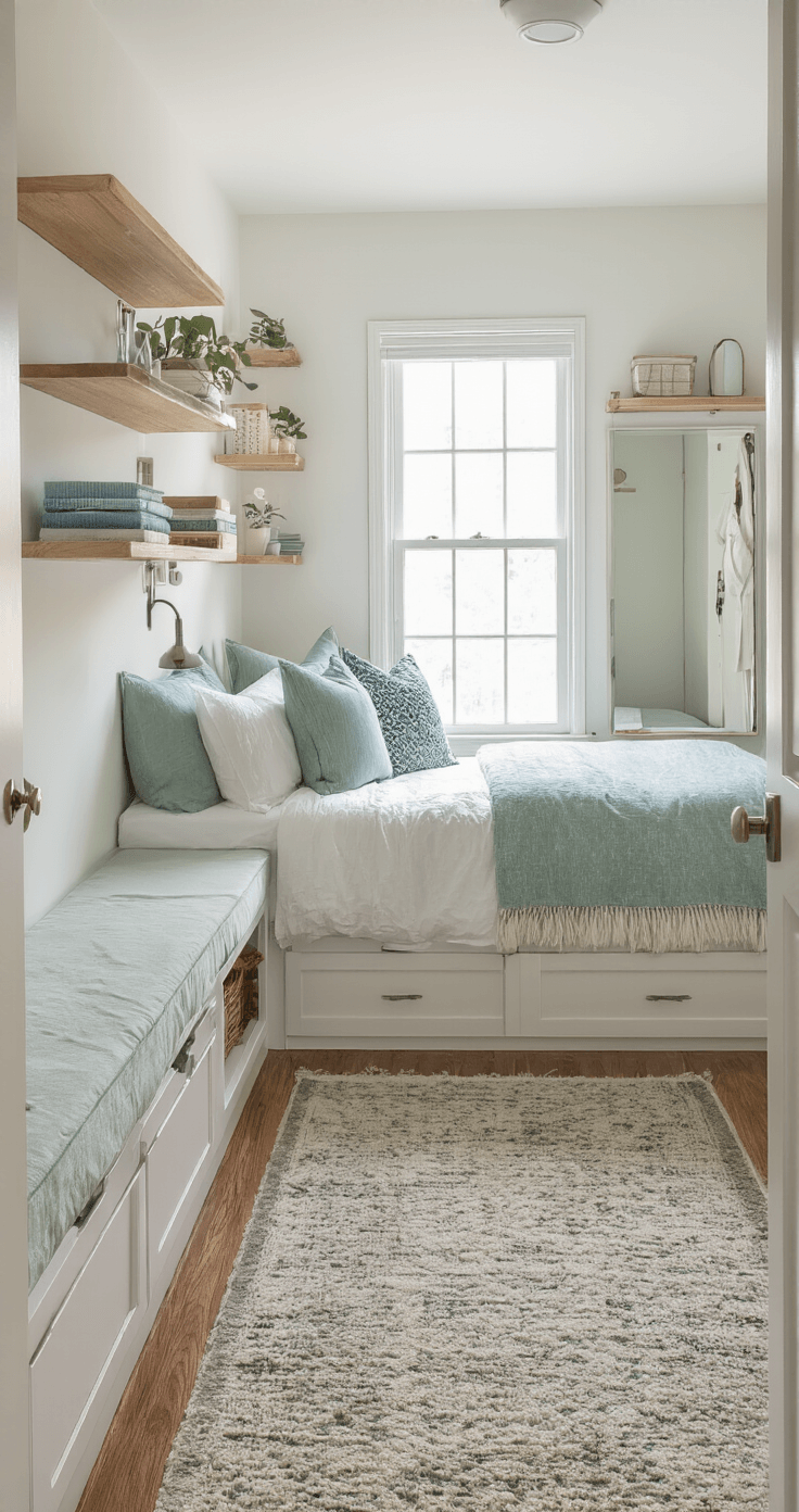 A compact bedroom featuring space-saving solutions, including wall-mounted shelves, a reading chair, over-door organizers, and vertical storage. A large mirror reflects natural light, making the room feel spacious. The bed has built-in drawers for storage, complemented by soft white walls and dusty blue and sage accents. The image is shot from an elevated angle, showcasing the efficient layout.