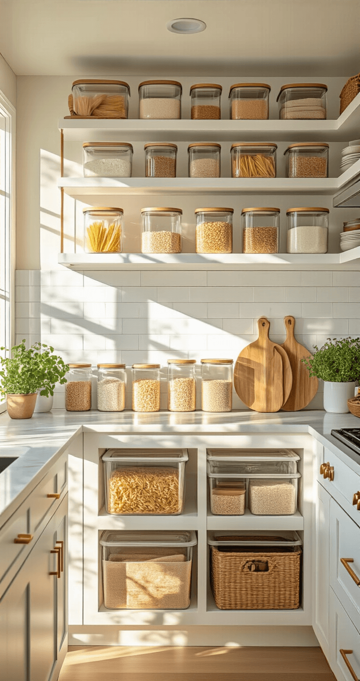 Modern galley kitchen interior featuring a floor-to-ceiling pantry with transparent glass storage containers on white shelving; warm golden hour sunlight illuminating marble countertops, a three-tier organization system of labeled airtight containers for pasta, grains, and baking supplies, complemented by a white subway tile backsplash and wooden cutting boards, showcasing a clean, minimalist aesthetic with white, natural wood, and warm brass hardware.