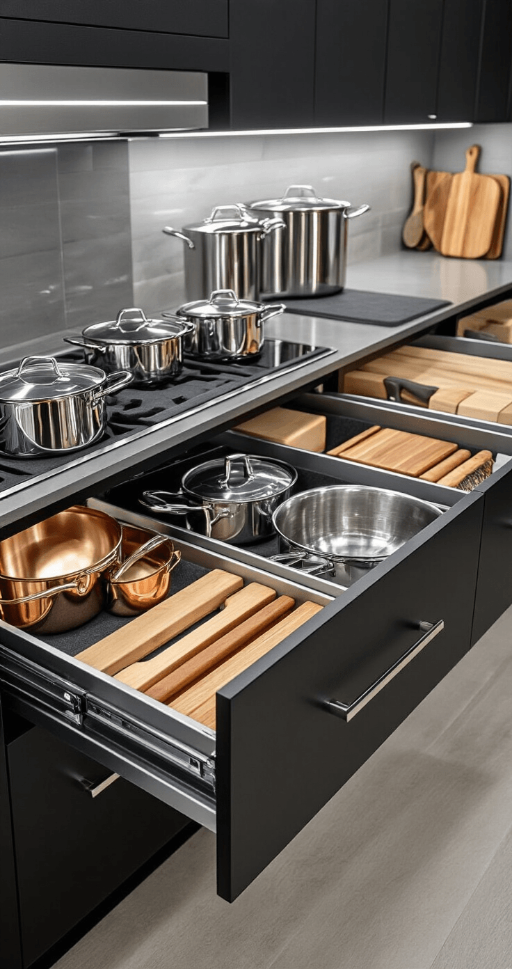 Contemporary kitchen lower cabinet with chrome pull-out drawer organizers filled with stainless steel pots, cast iron skillets, and copper-bottom pans, illuminated by LED under-cabinet lighting, featuring matte black cabinet frames and felt-lined compartments for organized cookware and vertically stored wooden cutting boards.