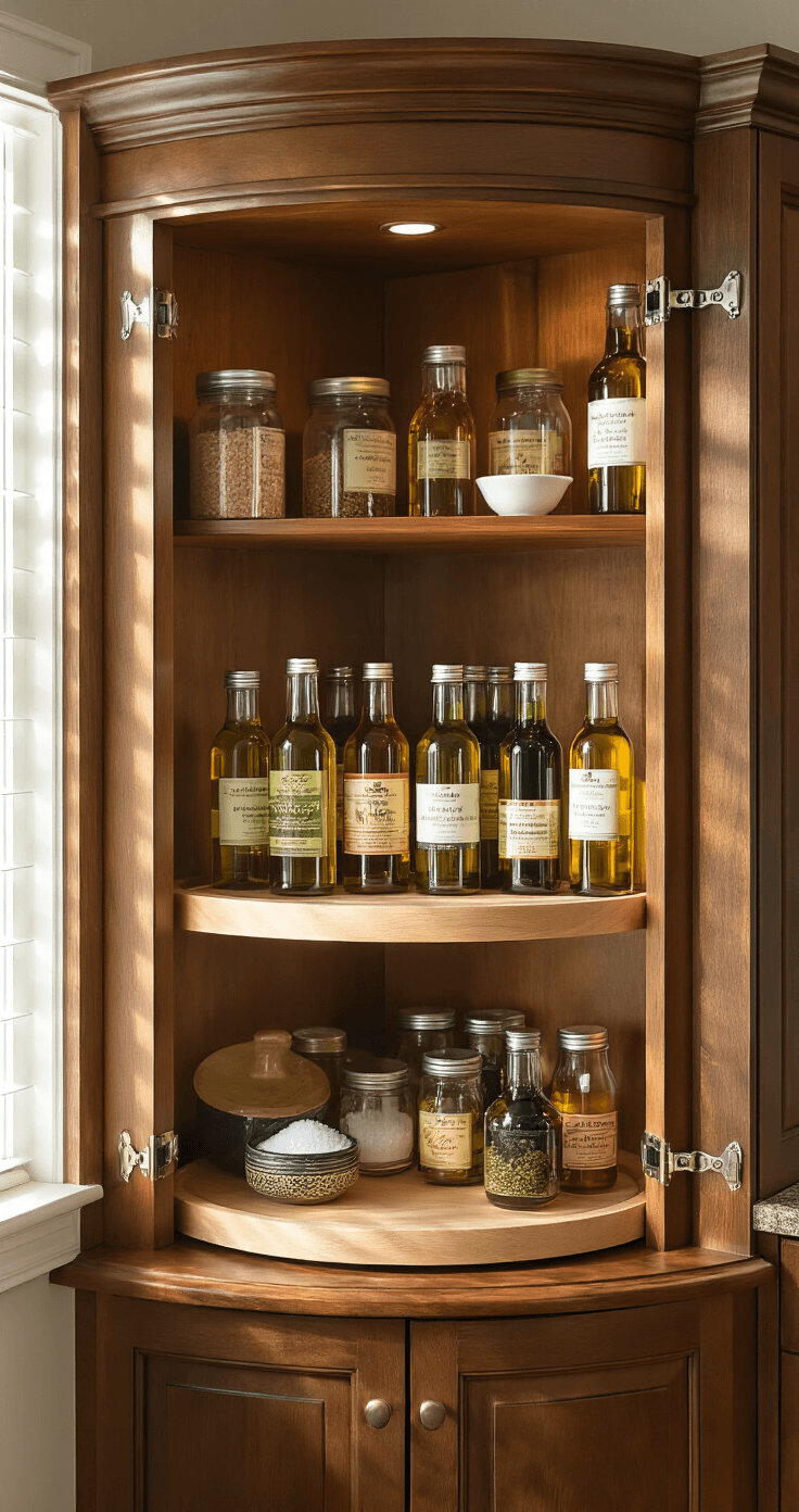 Elegant corner cabinet showcasing a two-tier lazy Susan with gourmet oils and vinegars, illuminated by soft morning light, highlighting amber and green glass bottles against a warm wood interior.