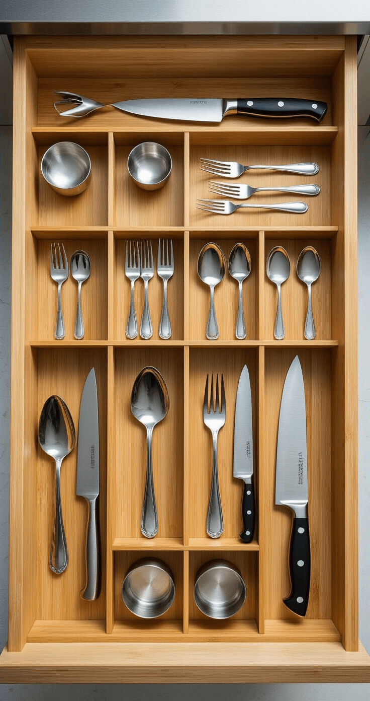 Bird's-eye view of a pristine kitchen drawer featuring a custom bamboo divider system that organizes sterling silver utensils and cooking tools, including dessert spoons, dinner forks, chef's knives, and measuring spoons, illuminated by bright overhead lighting for a clean product photography aesthetic.
