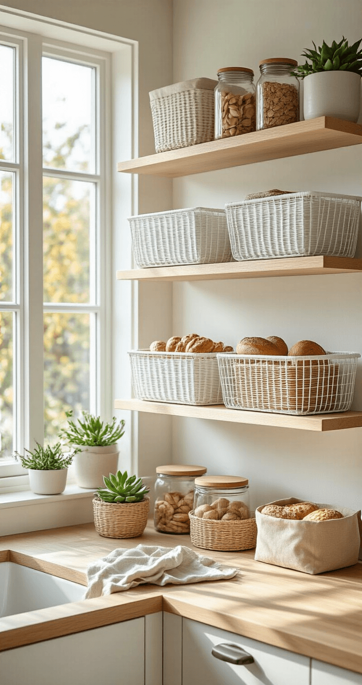 A Scandinavian-style kitchen with white wire basket organization on light oak floating shelves, natural light illuminating artisanal snacks and baking supplies, with a clean, minimalist aesthetic and organic elements like succulents and linen dish towels.