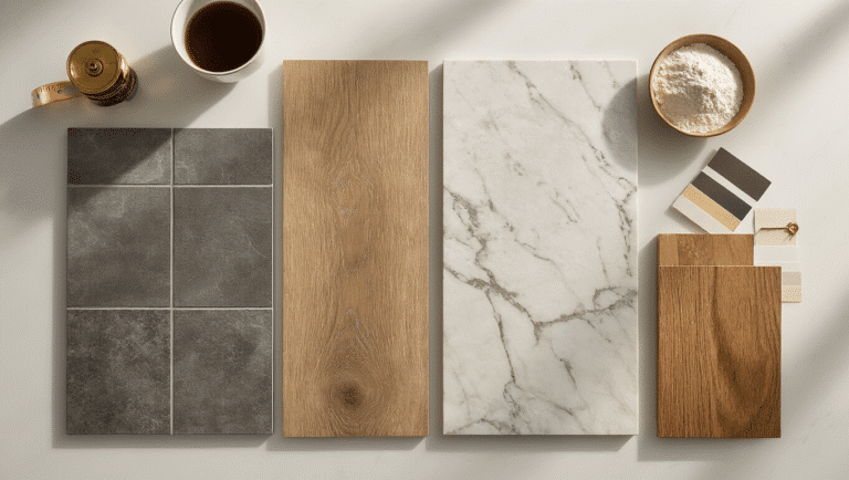 Cinematic overhead shot of kitchen flooring samples, including glossy grey ceramic tiles, warm oak luxury vinyl planks, honed marble, and rich engineered hardwood, arranged on a white marble surface with directional lighting, subtle textures, and installation tools.