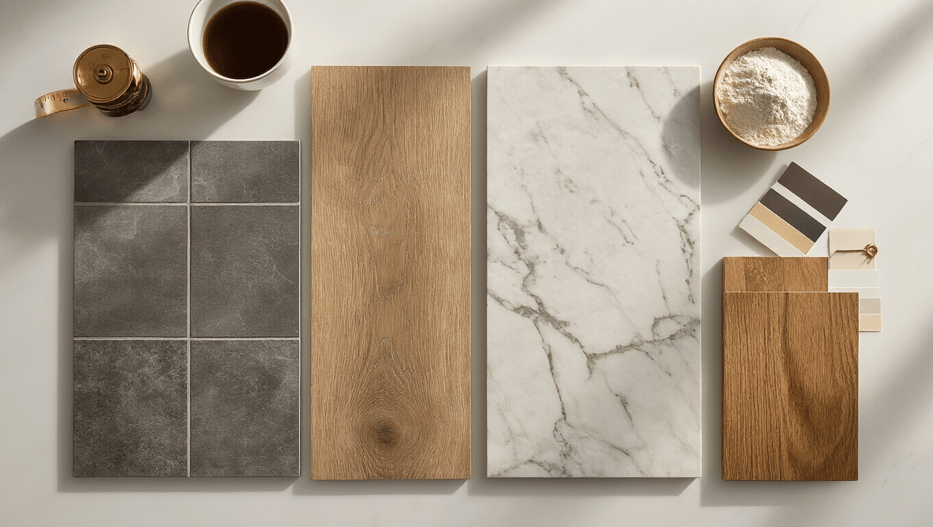Cinematic overhead shot of kitchen flooring samples, including glossy grey ceramic tiles, warm oak luxury vinyl planks, honed marble, and rich engineered hardwood, arranged on a white marble surface with directional lighting, subtle textures, and installation tools.
