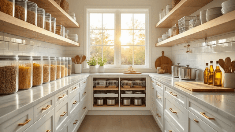 Contemporary kitchen pantry with floor-to-ceiling white shelving, transparent glass containers, marble countertops, stainless steel cookware, bamboo dividers, and warm golden hour sunlight, showcasing a clean and organized minimalist aesthetic.