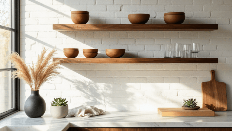 Modern kitchen featuring walnut floating shelves and a honed Carrara marble countertop, bathed in cinematic morning light. Curated ceramic bowls, a succulent, a matte black vase with pampas grass, and a golden oak cutting board add warmth, while textured shadows enhance depth in the minimalist composition.