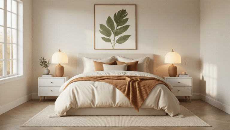 Serene bedroom with cream linen duvet and caramel throw, warm lighting, hardwood floors, and minimalist decor.