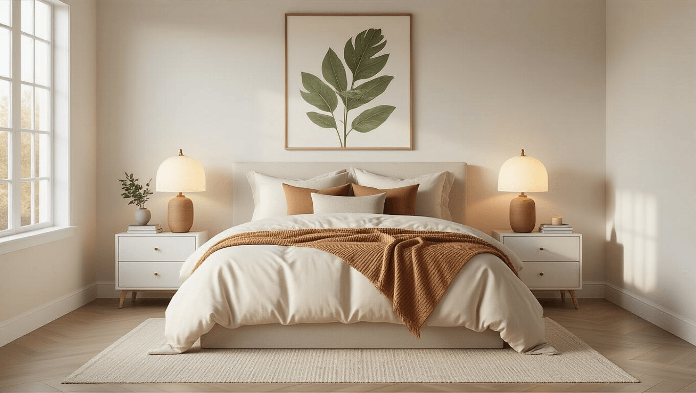 Serene bedroom with cream linen duvet and caramel throw, warm lighting, hardwood floors, and minimalist decor.