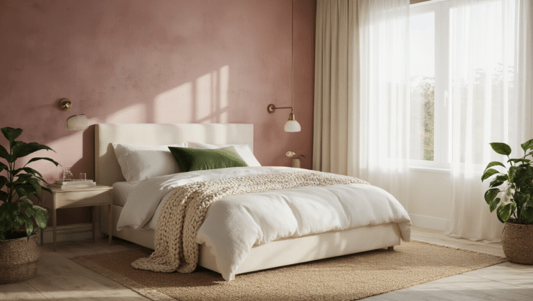Cinematic wide shot of a sophisticated blush bedroom featuring a dusty rose accent wall, cream upholstered bed with white linens, chunky knit throw, and sage green pillow, illuminated by warm golden hour light.