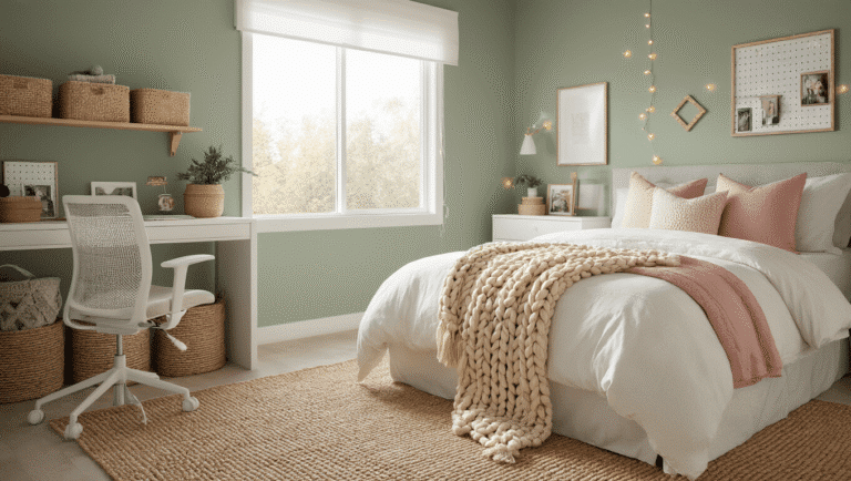 Cinematic wide shot of a cozy teen girl bedroom with a sage green accent wall, featuring a neatly made bed with white linens, blush pink pillows, and a chunky knit throw blanket. The warm afternoon light highlights layered textures, including a jute area rug and woven baskets on floating shelves. A white desk with an ergonomic chair and pegboard organization is softly blurred in the background, while a gallery wall adorned with framed photos and string lights adds a warm ambiance.